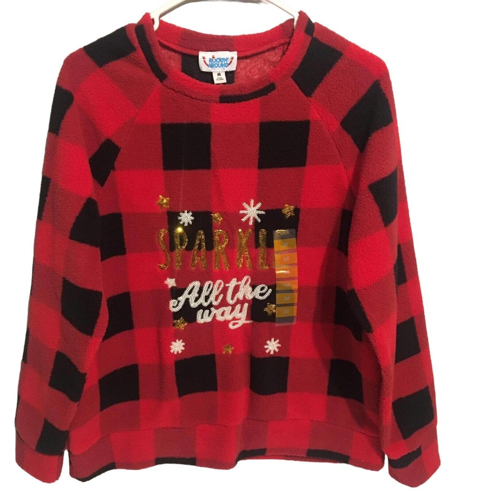 Rockin Around Sweater Medium Red Holiday Christmas Fleece Plaid Long Sleeve Cozy